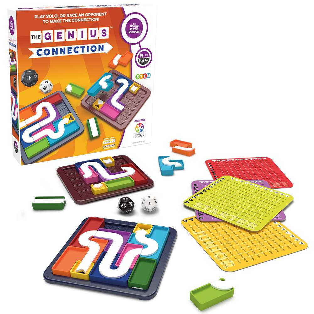 Board game set with components and packaging labeled 'The Genius Connection' on a white background.